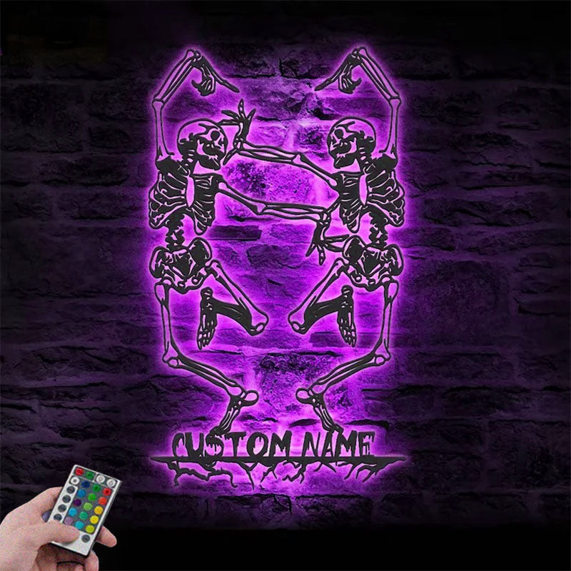Personalized Funny Couple Skeleton Dancer Metal Wall Signs With RGB Led Light