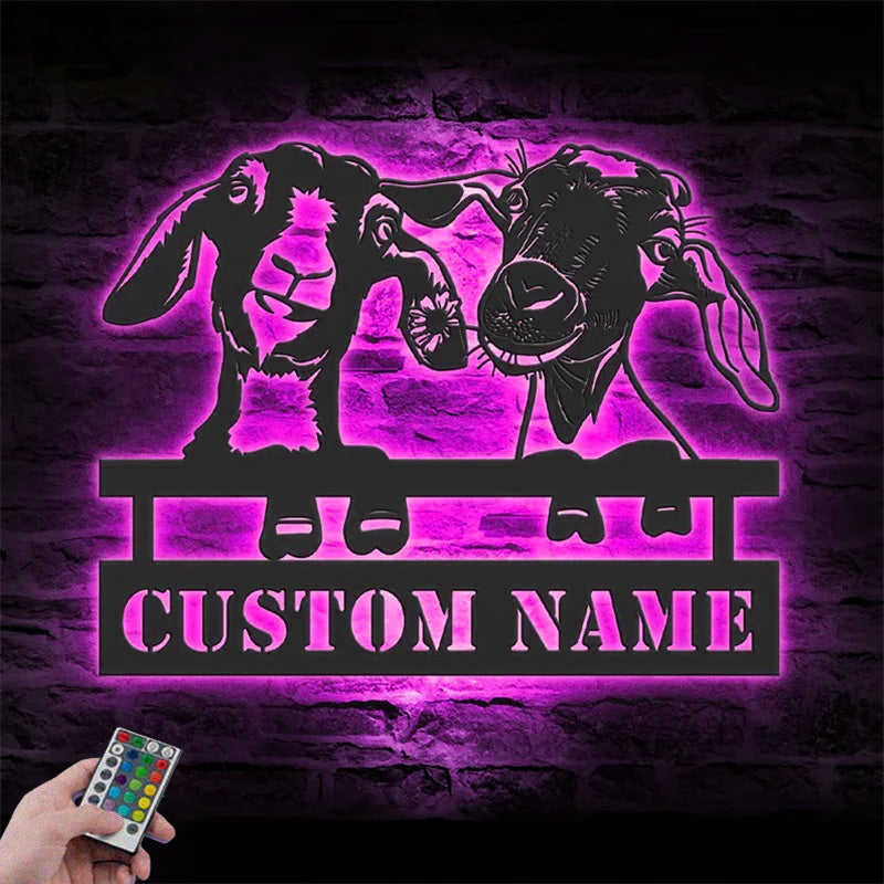 Personalized Funny Valentine Couple Goat Love Farmhouse Metal Wall Signs With RGB Led Light