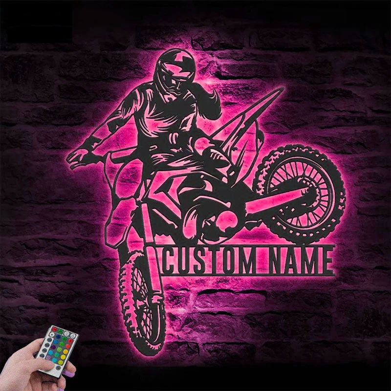 Personalized Girl Motocross Biker, Metal Wall Signs With RGB Led Light