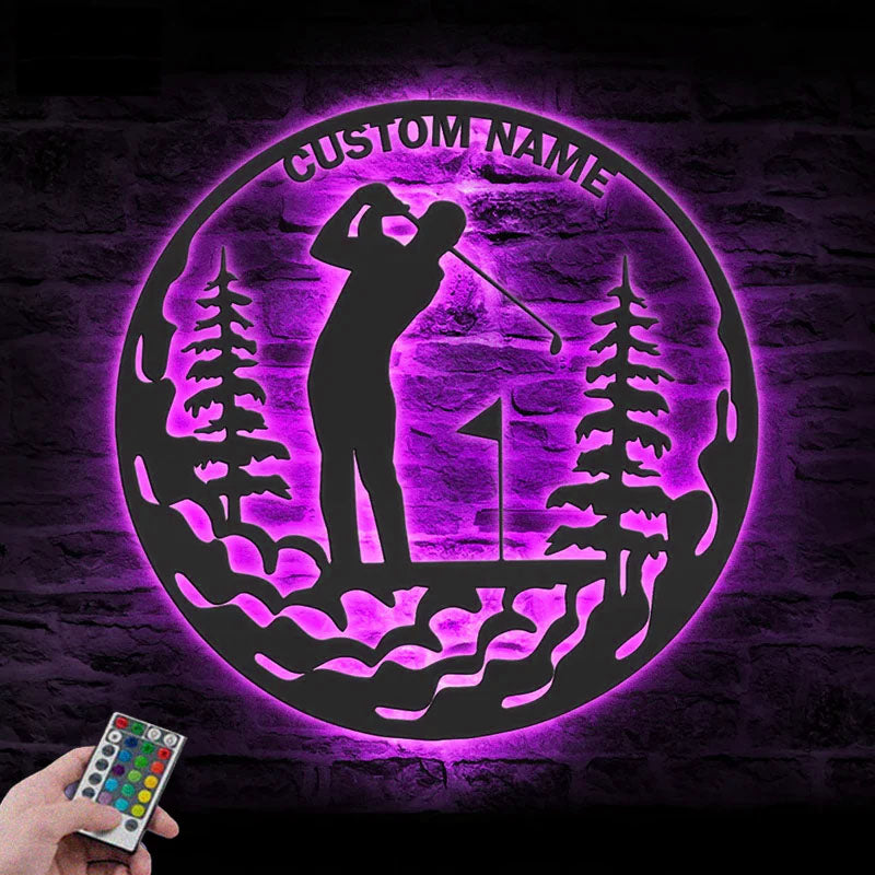 Personalized Golfer Name Sign Home Decor, Metal Wall Signs With RGB Led Light