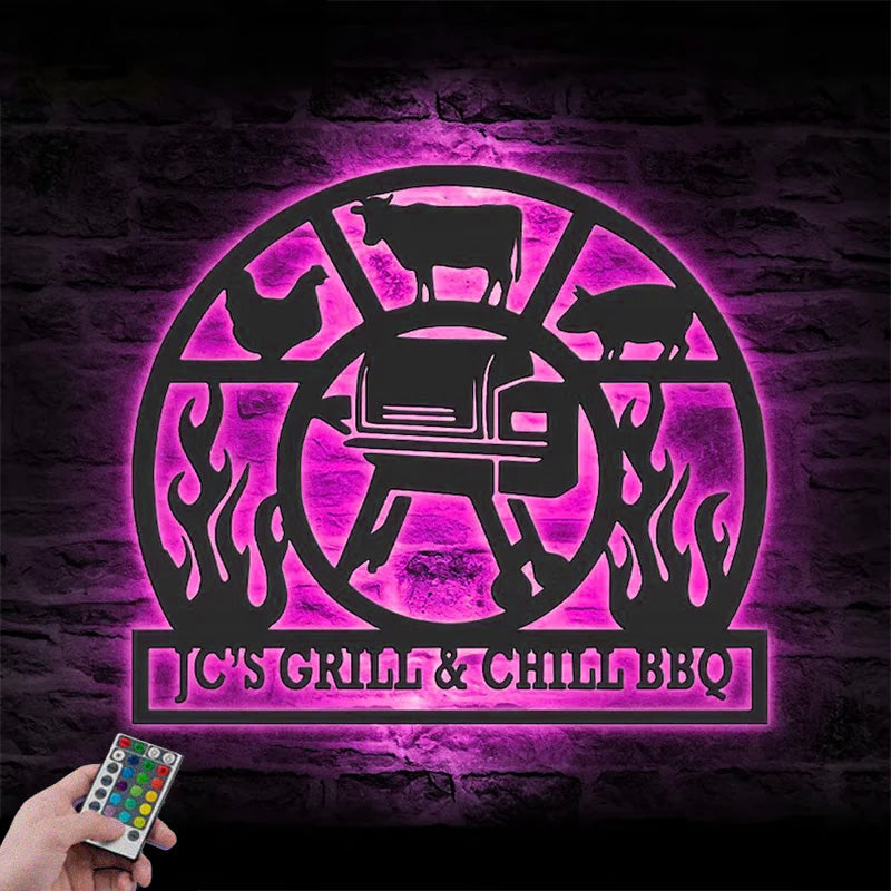 Personalized Grill Decor Barbecue, Patio Housewarming Metal Wall Signs With RGB Led Light