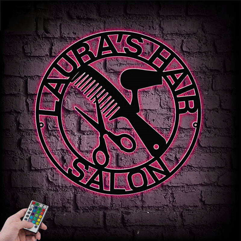 Personalized Hair Salon Sign, Metal Wall Signs With RGB Led Light