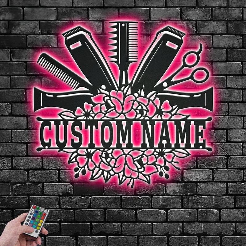 Personalized Hair Salon, Metal Wall Signs With RGB Led Light