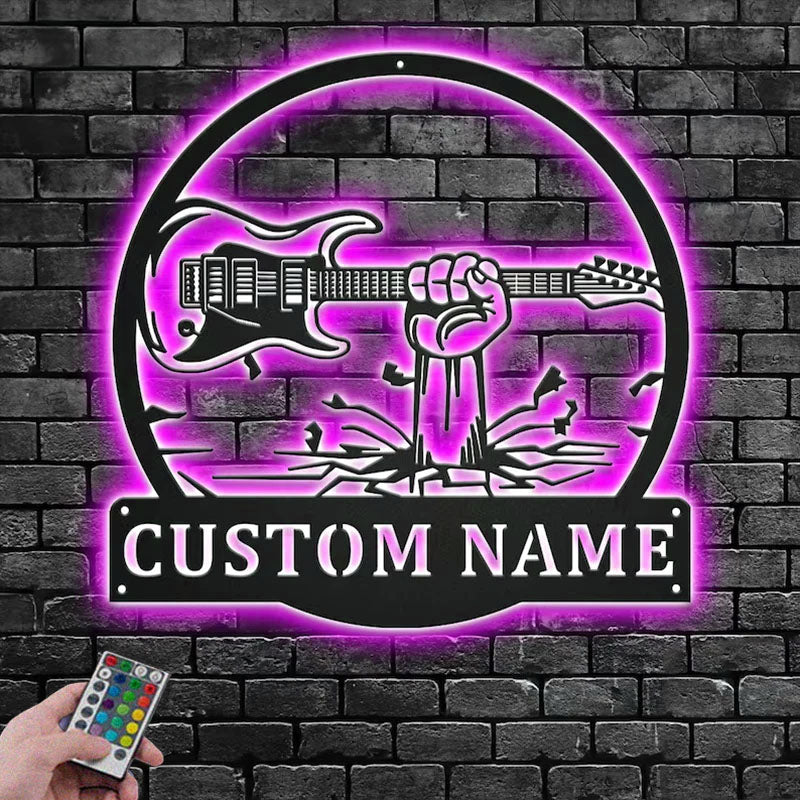 Personalized Hand Holding Electric Guitar Metal Wall Signs With RGB Led Light
