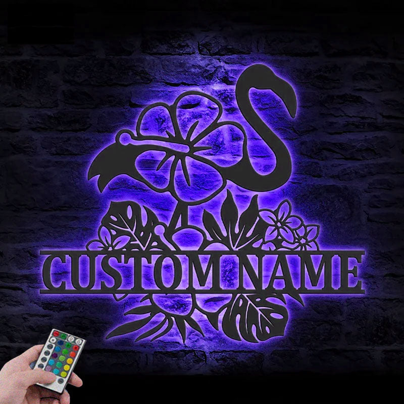 Personalized Hibiscus Flower Flamingo, Metal Wall Signs With RGB Led Light