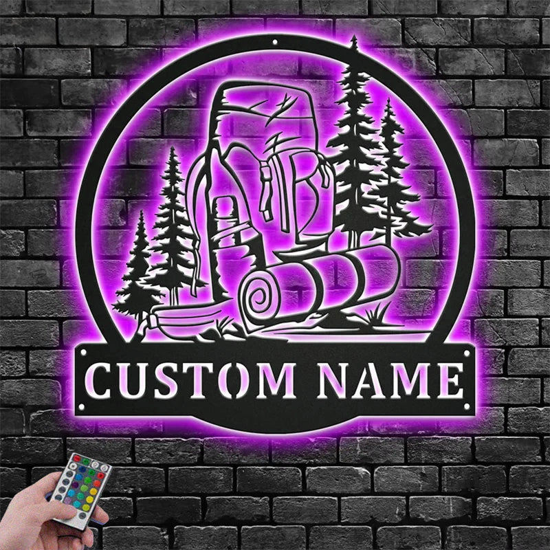 Personalized Hiking Backpack Metal Wall Signs With RGB Led Light