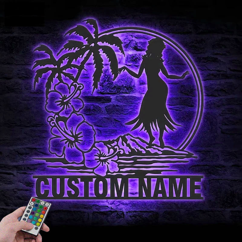 Personalized Hula Dancer Hawaiian Flower Scene,  Metal Wall Signs With RGB Led Light