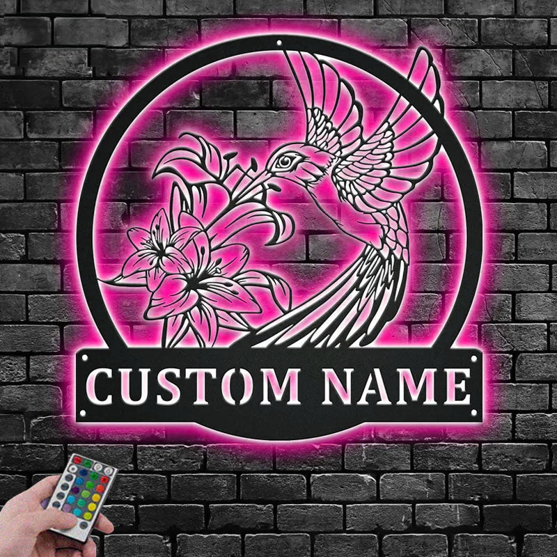 Personalized Hummingbird Flower, Metal Wall Signs With RGB Led Light