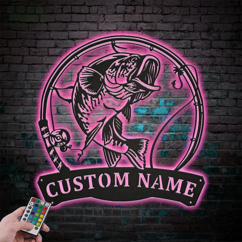 Personalized Largemouth Bass Fish Pole Metal Wall Signs With RGB Led Light