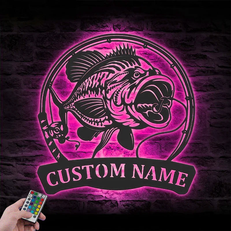 Personalized Largemouth Bass Fishing Metal Wall Signs With RGB Led Light
