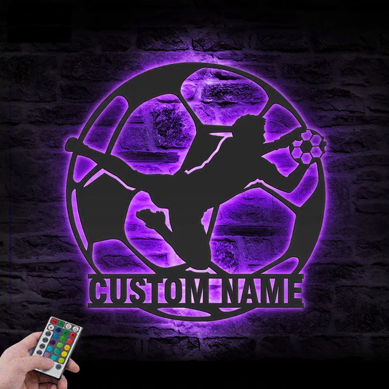 Personalized Man Soccer Player, Metal Wall Signs With RGB Led Light