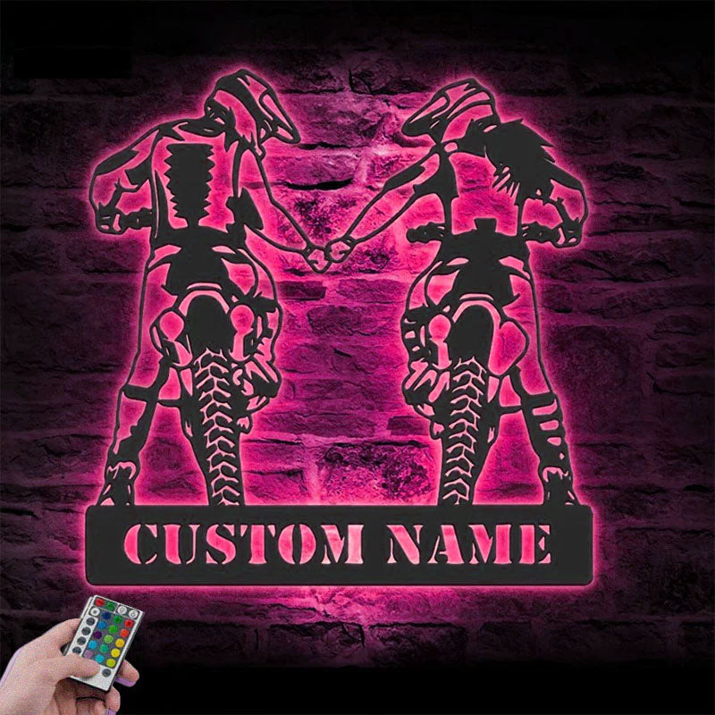 Personalized Motocross Biker Couple Holding Hand, Metal Wall Signs With RGB Led Light