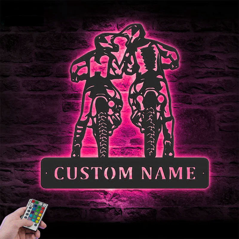 Personalized Motocross Biker Couple Kiss, Metal Wall Signs With RGB Led Light