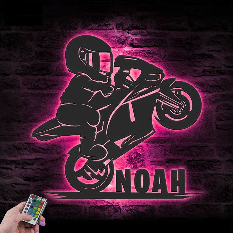 Personalized Motocross Biker Kids, Metal Wall Signs With RGB Led Light