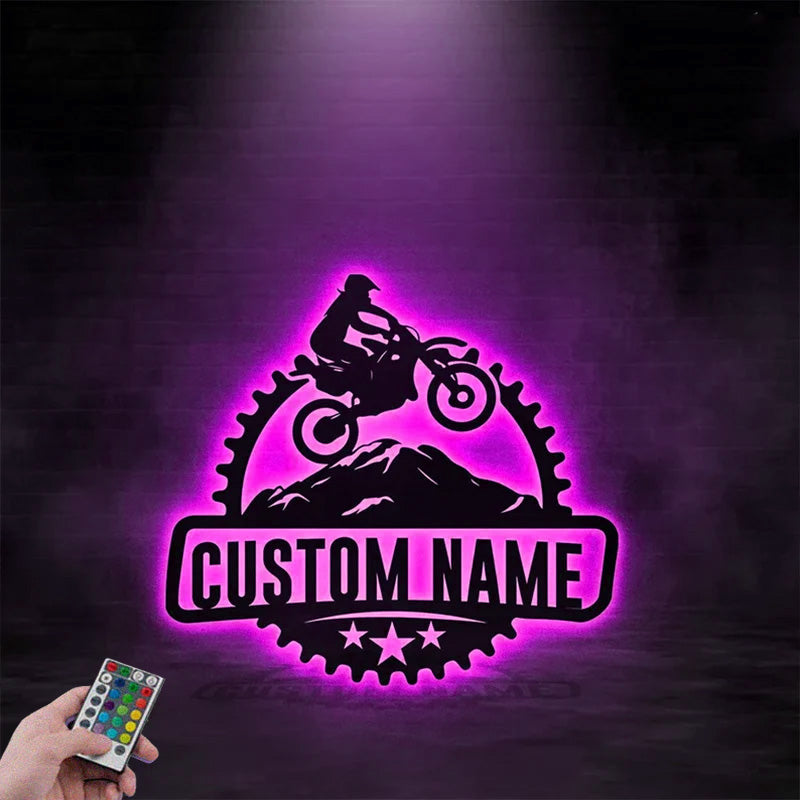 Personalized Motocross Biker Metal Sign, Dirt Bike Name Sign, Metal Wall Signs With RGB Led Light