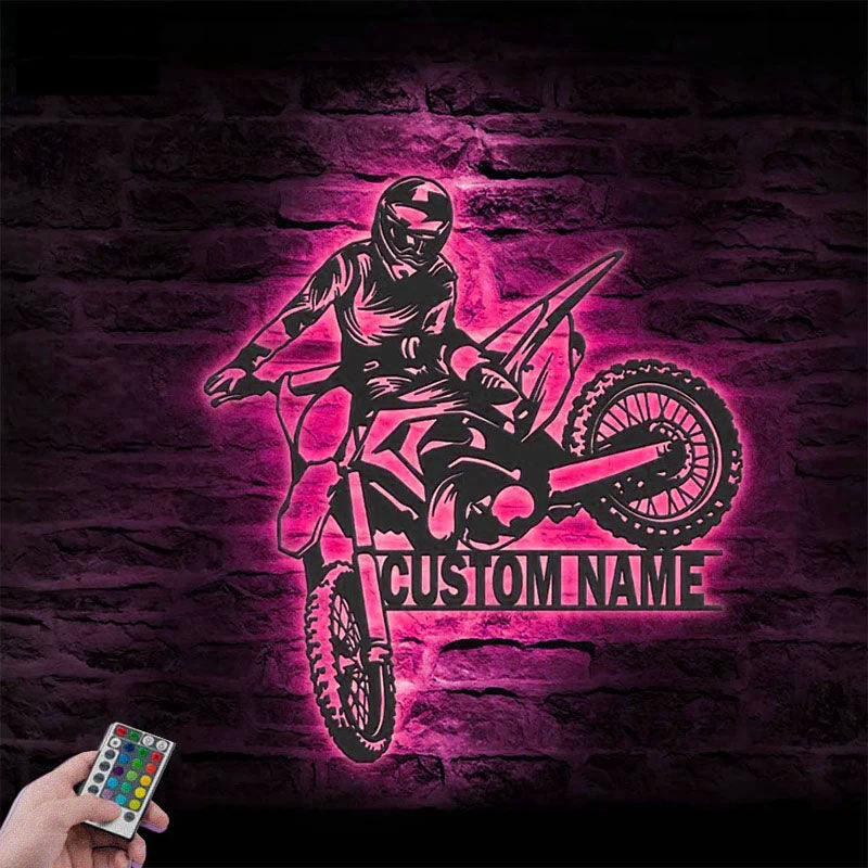 Personalized Motocross Biker, Metal Wall Signs With RGB Led Light