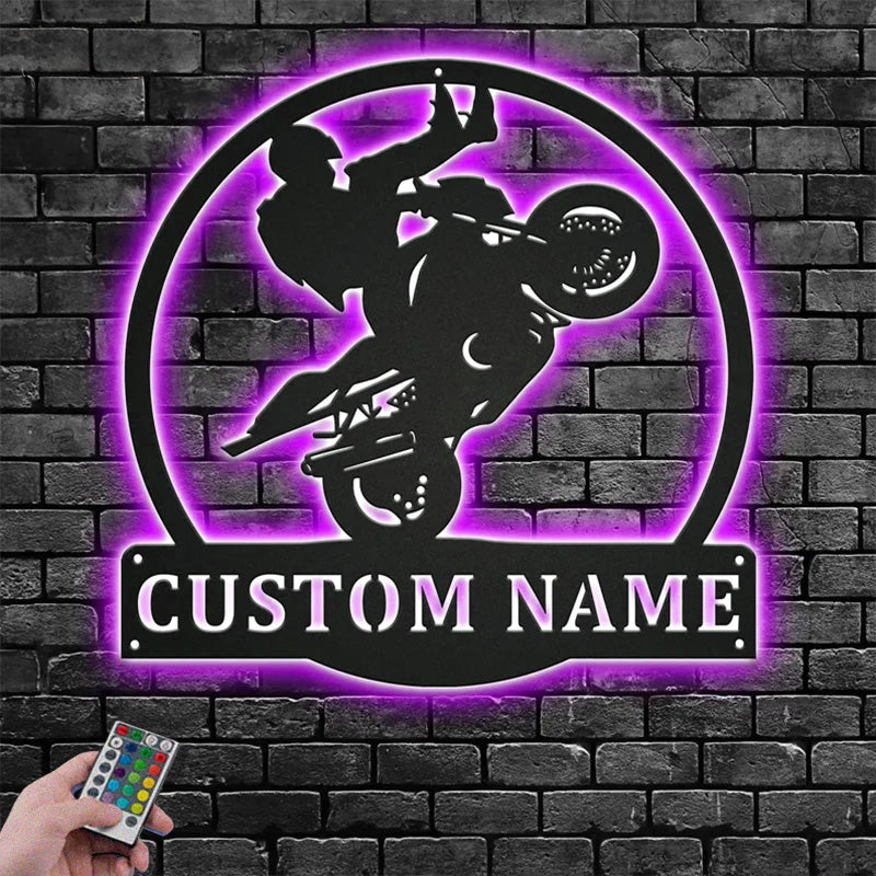 Personalized Motocross Motorcycle Metal Wall Signs With RGB Led Light