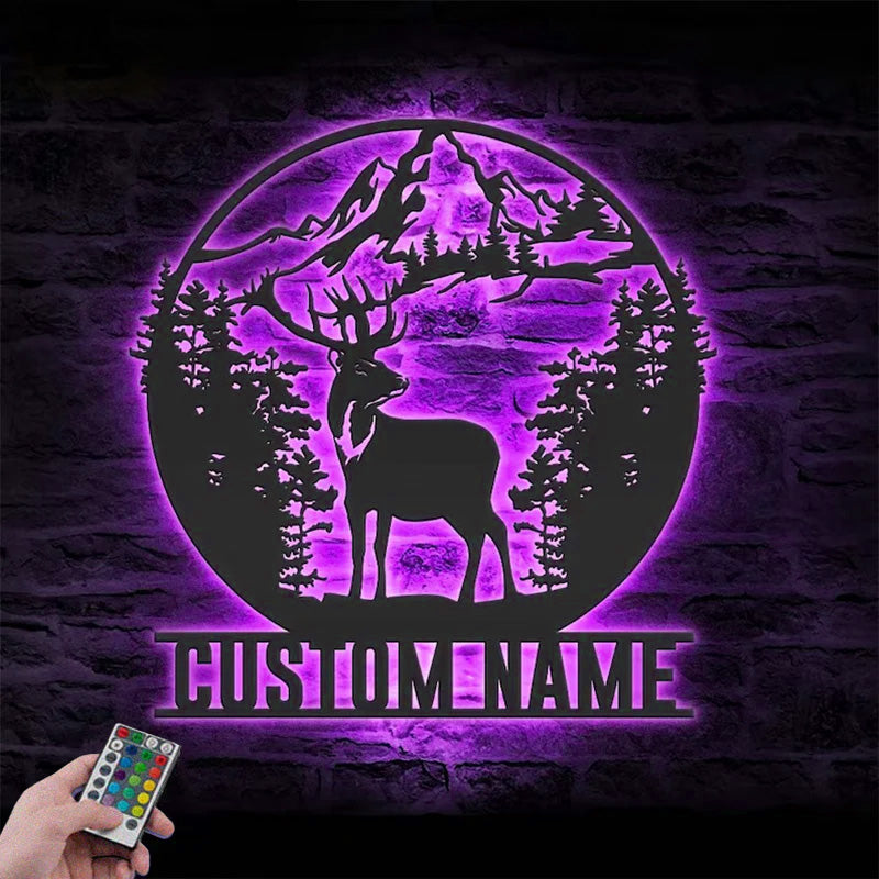 Personalized Moutain Forest Deer Hunting Metal Wall Signs With RGB Led Light