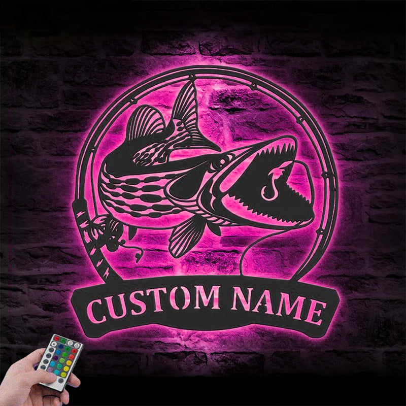 Personalized Muskellunge Fishing Metal Wall Signs With RGB Led Light