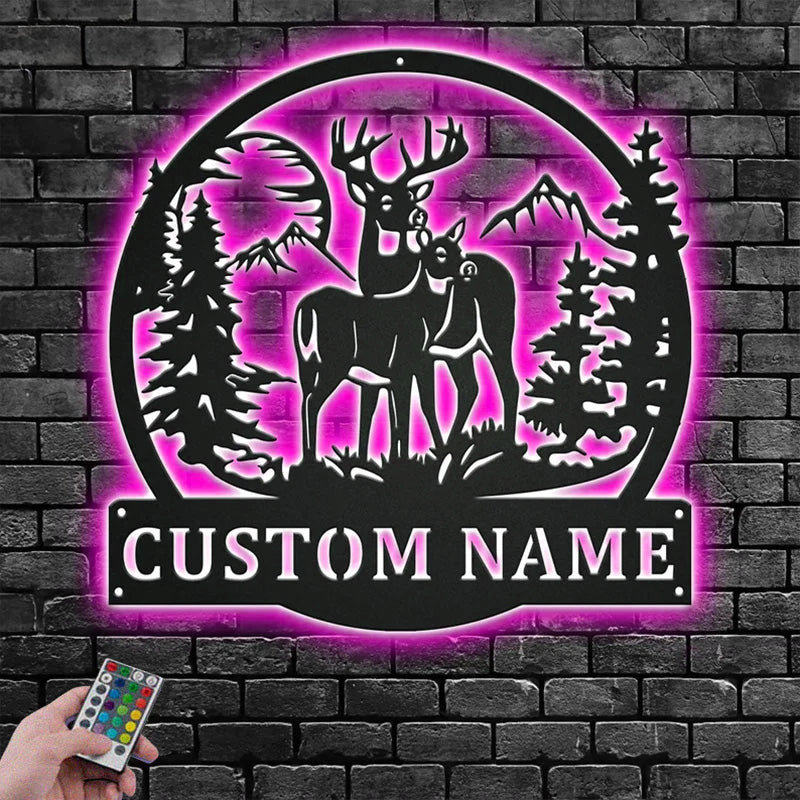 Personalized Name Deer And Mountain Metal Wall Signs With RGB Led Light
