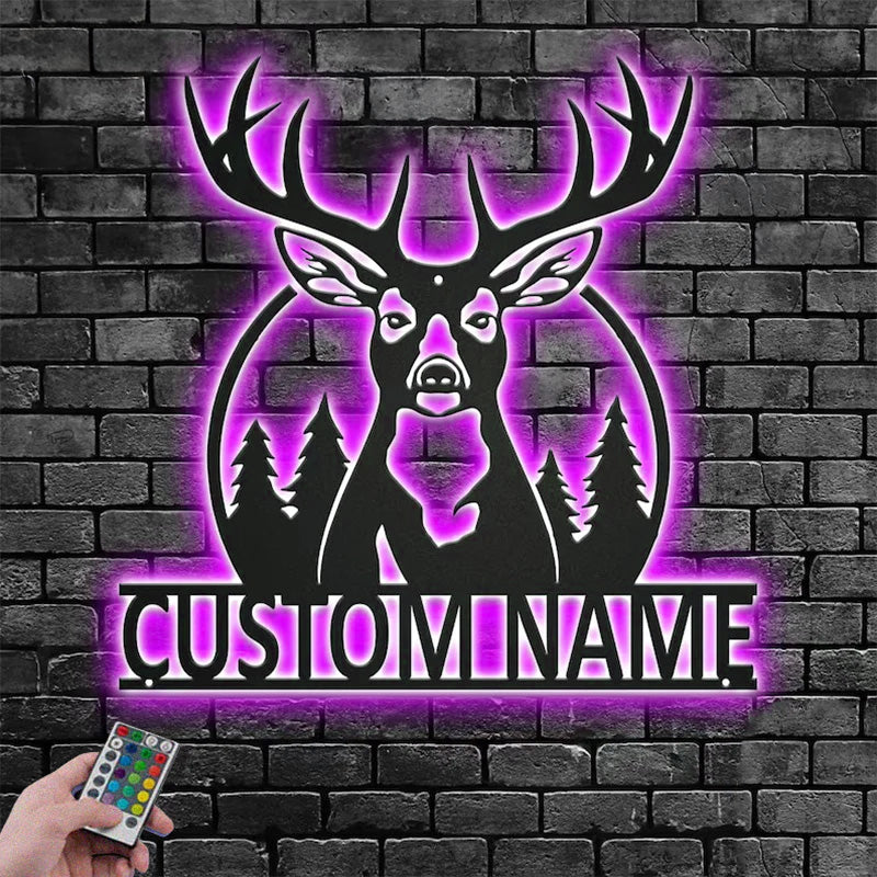 Personalized Name Deer Hunter Metal Wall Signs With RGB Led Light