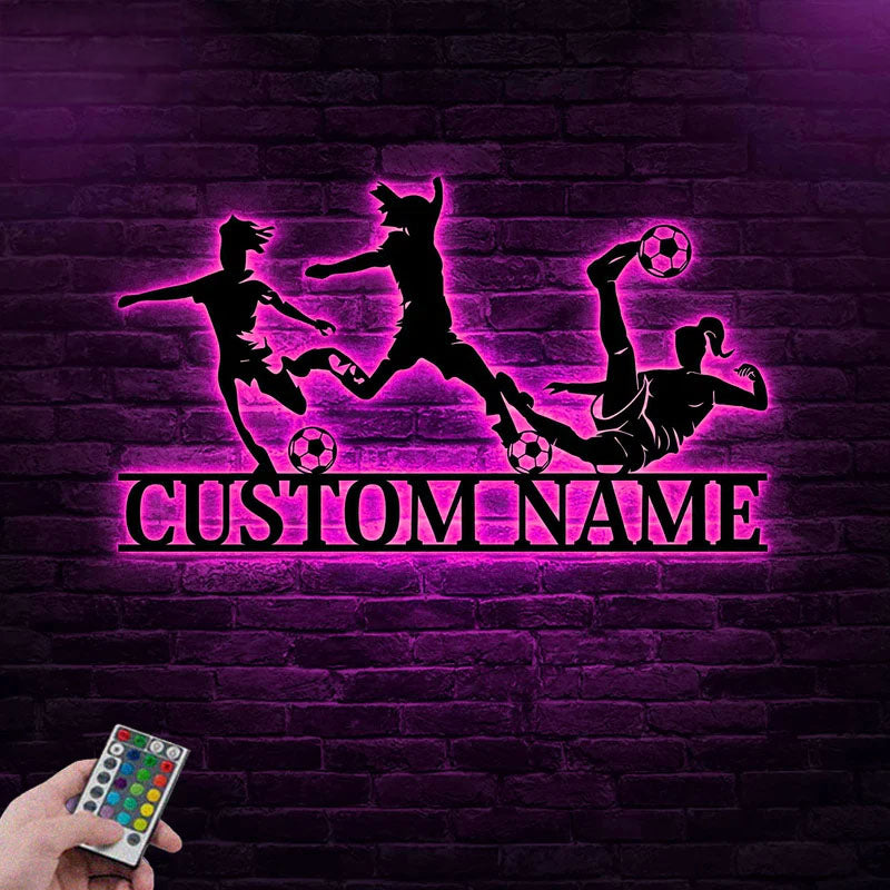 Personalized Name Soccer Girl Metal Wall Signs With RGB Led Light