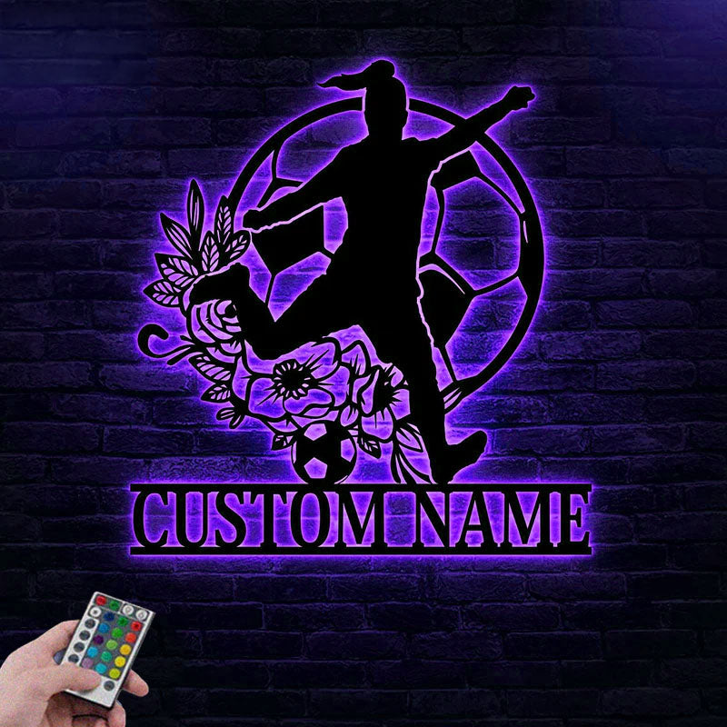 Personalized Name Soccer Girl, Metal Wall Signs With RGB Led Light