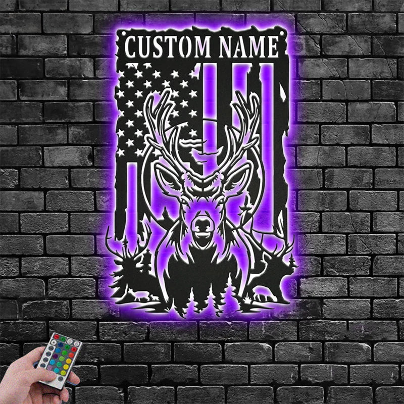 Personalized Name US Deer Outdoor Metal Wall Signs With RGB Led Light