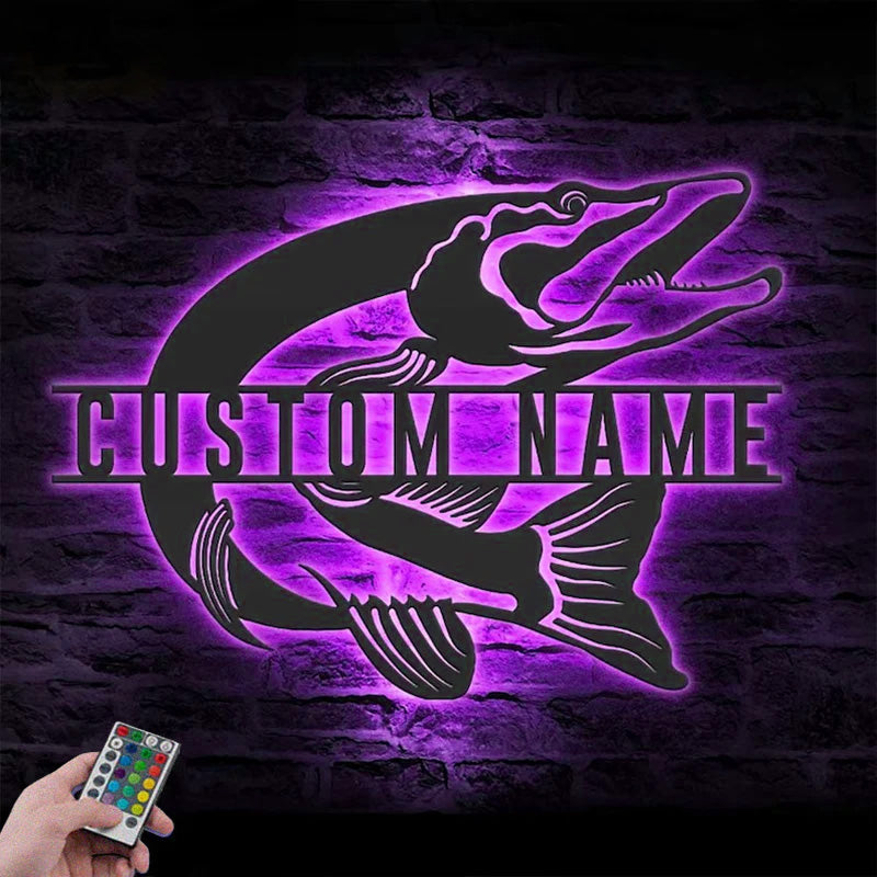 Personalized Northern Pike Fishing Metal Wall Signs With RGB Led Light