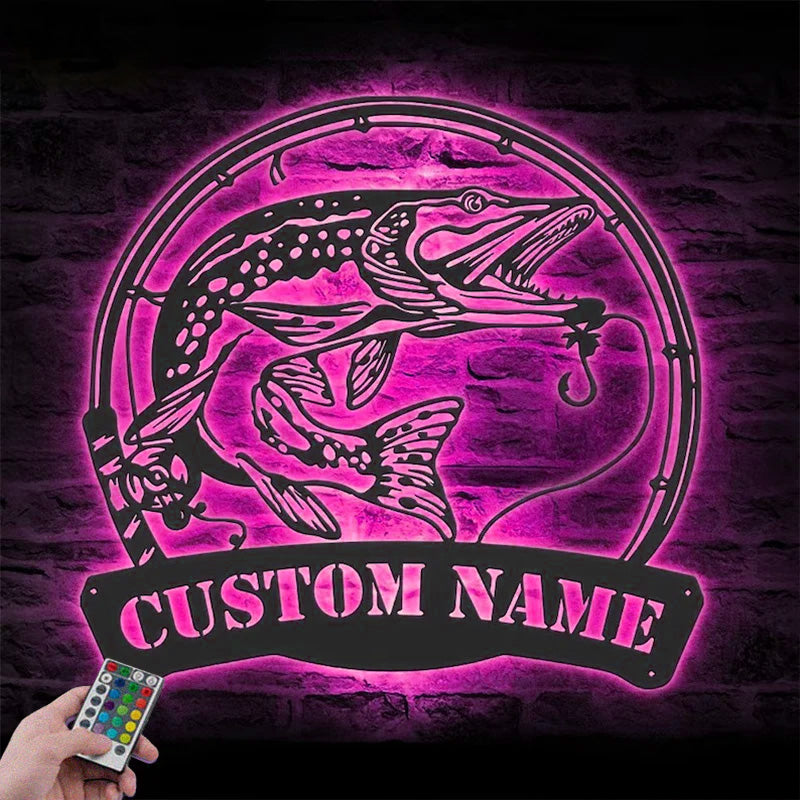 Personalized Northern Pike Fishing Metal Wall Signs With RGB Led Light