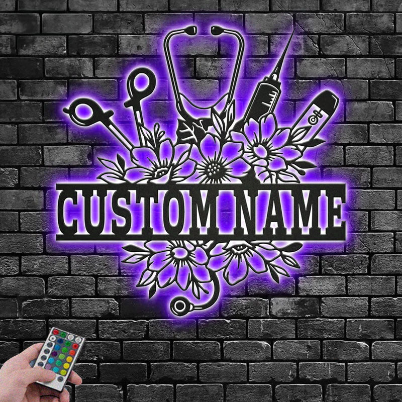 Personalized Nurse Floral Frame, Metal Wall Signs With RGB Led Light