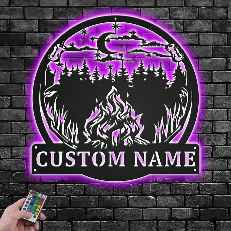 Personalized Outdoor Campfire Metal Wall Signs With RGB Led Light