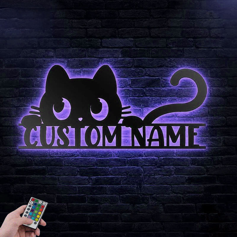 Personalized Peeking Cat, Metal Wall Signs With RGB Led Light