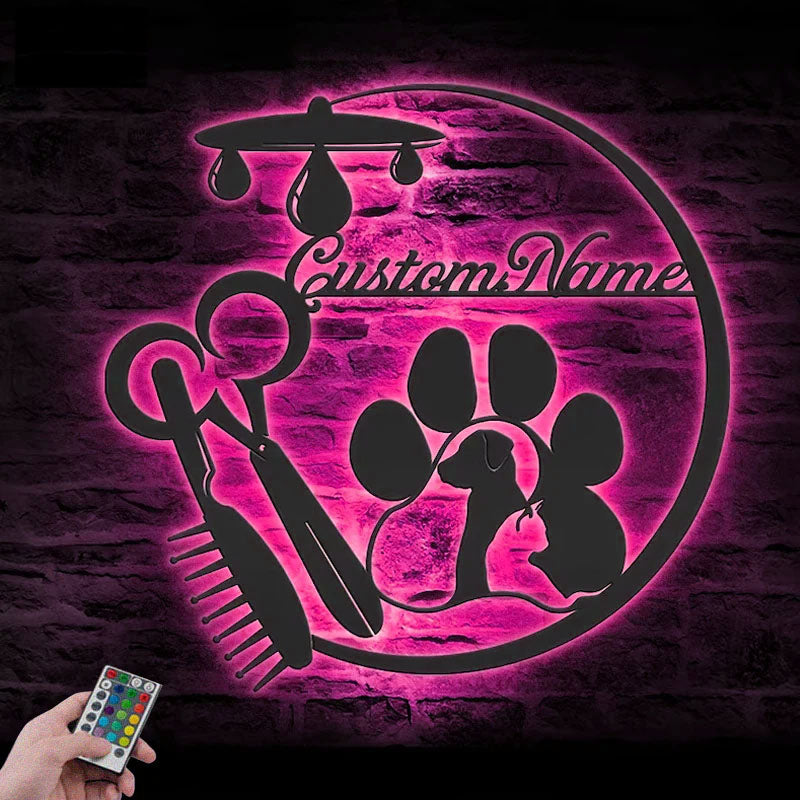 Personalized Pet Grooming Hair Salon, Metal Wall Signs With RGB Led Light