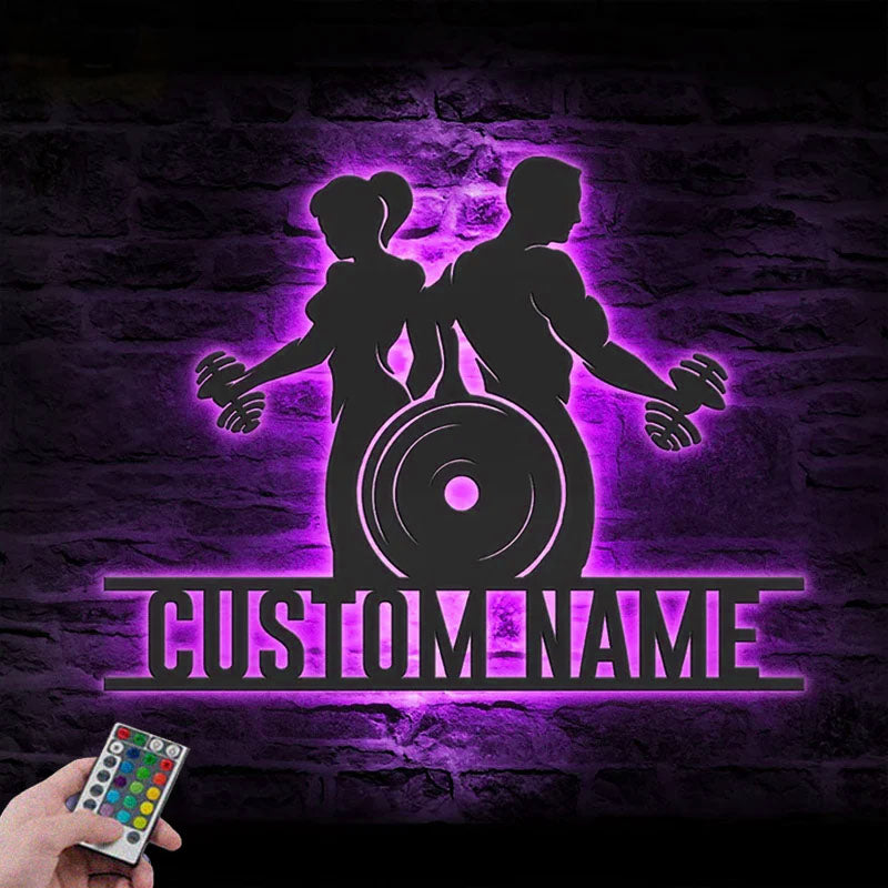 Personalized Powerlifting Name Sign Home Decor Bodybuilding Gym Fitness Metal Wall Signs With RGB Led Light