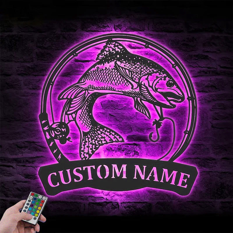 Personalized Rainbow Trout Fishing Metal Wall Signs With RGB Led Light