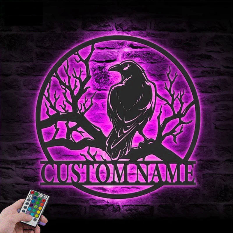 Personalized Raven Metal Wall Art with LED Light, Metal Wall Signs With RGB Led Light