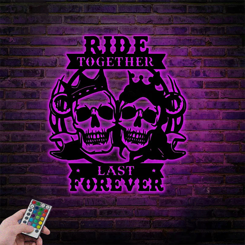 Personalized Ride Together Skull Couple Metal Sign With Colorful LED Lights, Metal Wall Signs With RGB Led Light