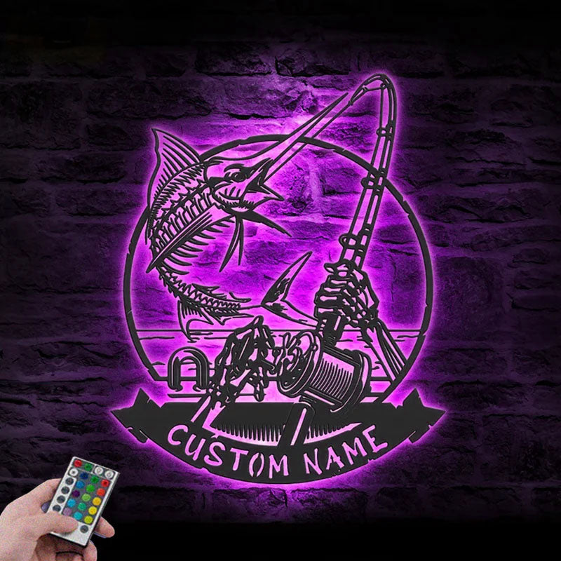 Personalized Skeleton Marlin Fishing Metal Wall Signs With RGB Led Light