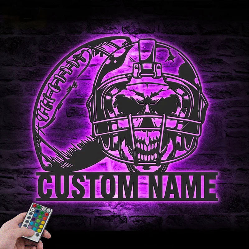 Personalized Skull American Football Metal Wall Signs With RGB Led Light