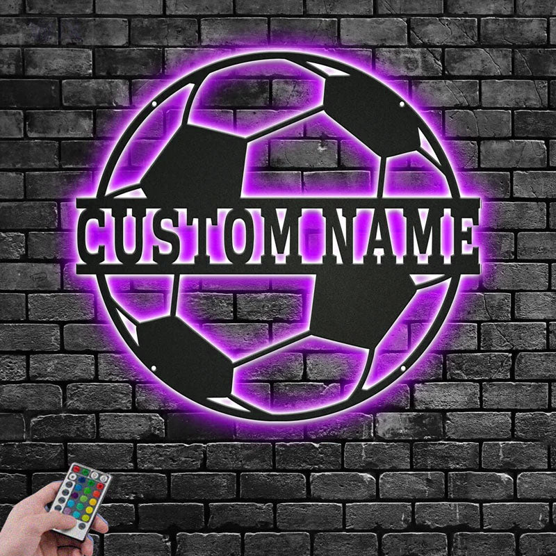 Personalized Soccer Player Name Sign Decoration For Room, Metal Wall Signs With RGB Led Light