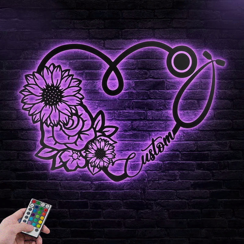 Personalized Sunflower And Rose Heart Stethoscope, Metal Wall Signs With RGB Led Light