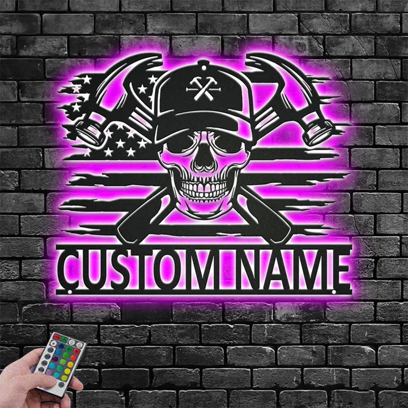Personalized US Carpenter Skull Metal Wall Signs With RGB Led Light