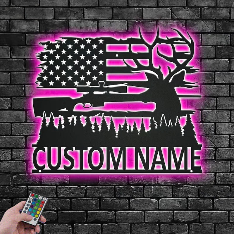 Personalized US Deer Hunting Metal Wall Signs With RGB Led Light