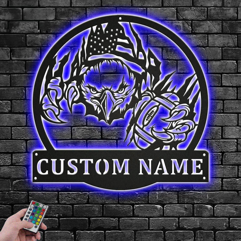 Personalized US Eagle Football, Metal Wall Signs With RGB Led Light