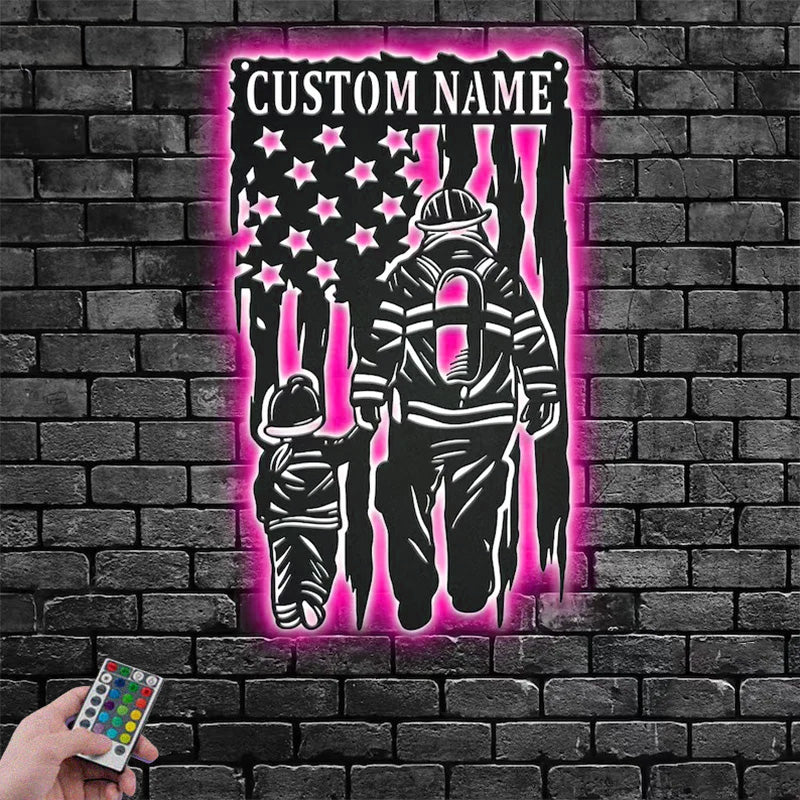Personalized US Fire Fighter With Sons Name Sign Decoration For Room Metal Wall Signs With RGB Led Light