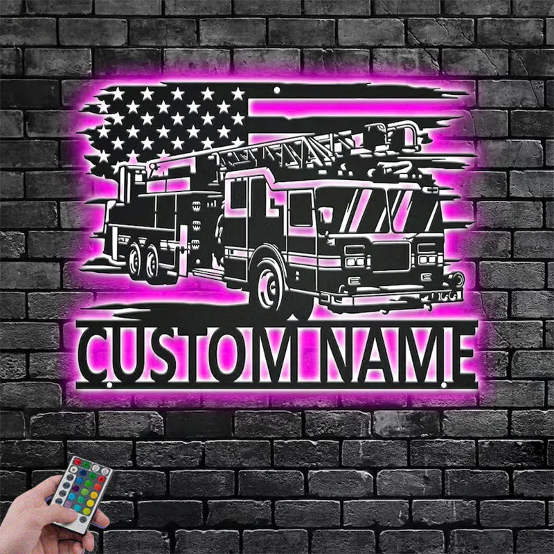 Personalized US Fire Truck Metal Metal Wall Signs With RGB Led Light