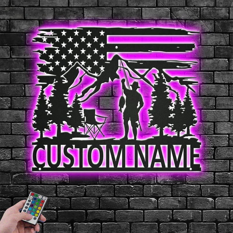 Personalized US Fisherman Metal Wall Signs With RGB Led Light