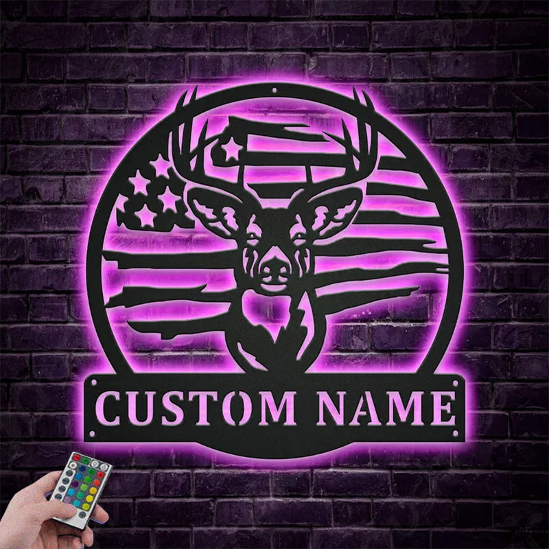 Personalized US Flag Deer Hunting Metal Wall Signs With RGB Led Light