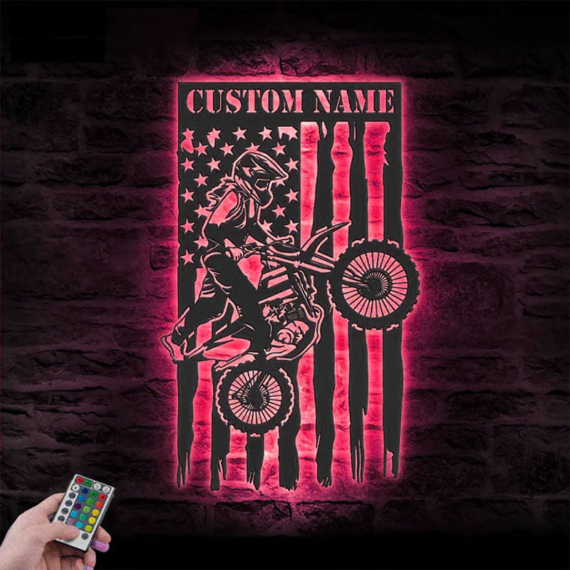Personalized US Girl Motocross Biker, Metal Wall Signs With RGB Led Light